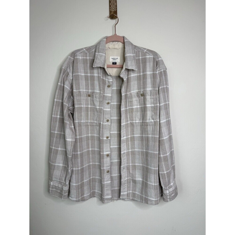 American Eagle Medium Linen Blend Button Down Plaid Flannel Overshirt Boho Fall